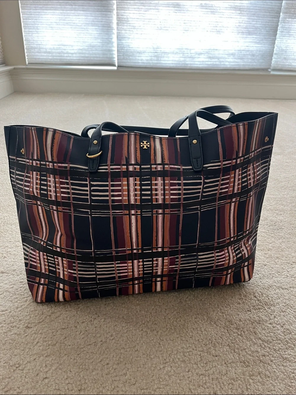 Tory Burch Black Tote with Multicolor Plaid Stripe